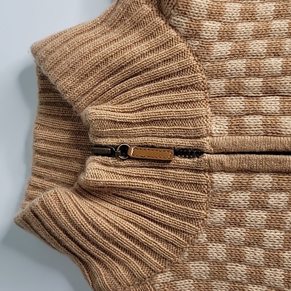 Saks Fifth Ave cashmere cardigan L sweater retro check zip front caramel cream - Picture 8 of 9